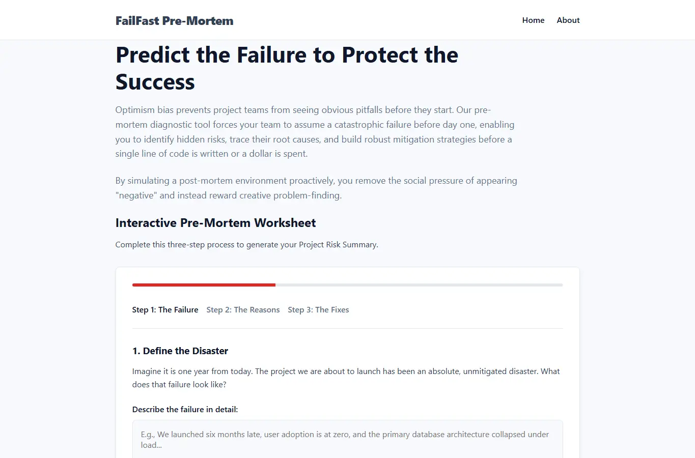 Screenshot of FailFast: Project Pre-Mortem Guide interface showing the project page in use